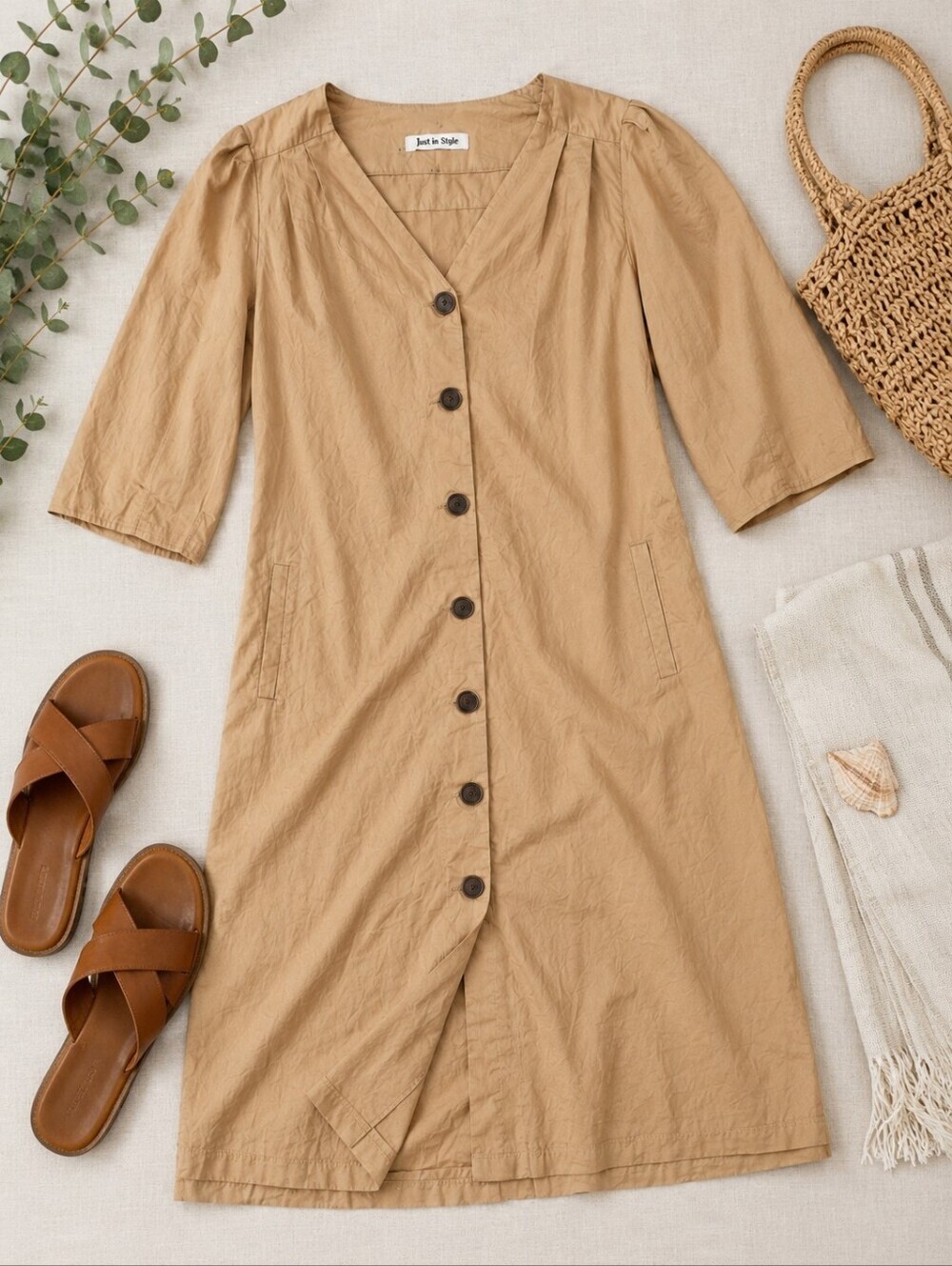 Cottagecore Coastal Chic Tan Button Front Dress Women's Casual